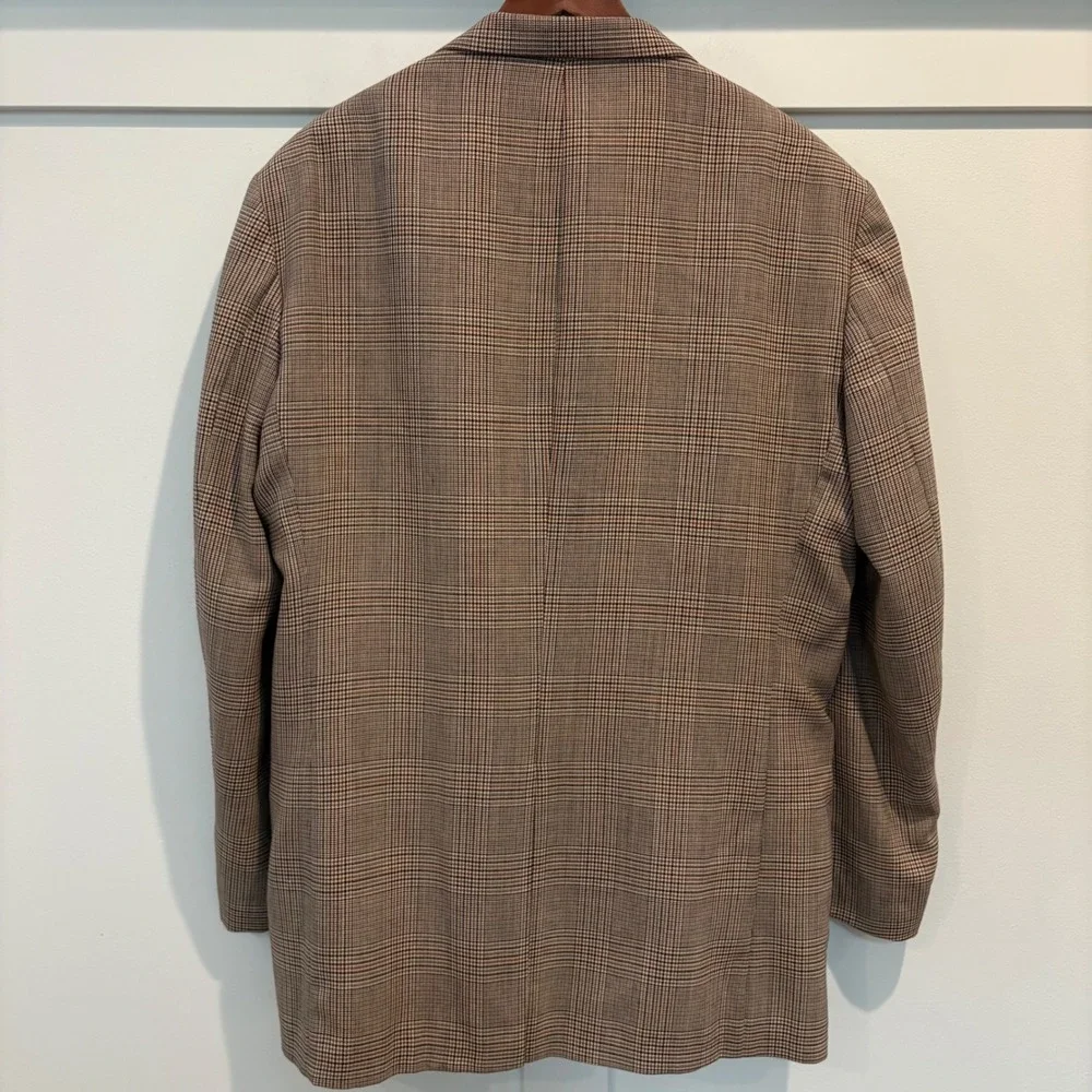 Men's Robert Stock Tan Glen Plaid Sport Coat Blazer 46L Long Wool Blend